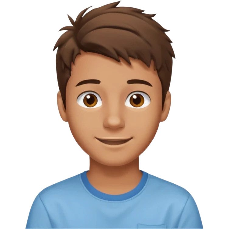 create an emoji of a teenage man, very very slightly tanned face, smile. he has an cool look, very messy brown hair, dark brown eyes, natural lips. he wears a short sleeve light blue shirt emoji