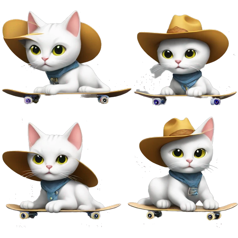 a cool cowboy cat on skateboard, lively, in motion, a white cate emoji