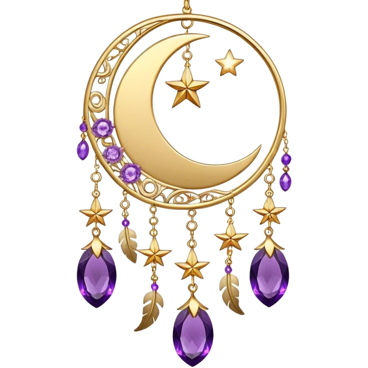 Epic beautiful gorgeous cute gold suncatcher, threads with shiny sparkly amethyst gemstones, flowers, crescents-moons, stars, gold-metal-Feathers  emoji