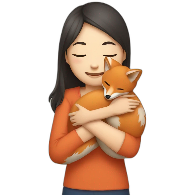 Young Asian woman hugging a fox emoji
