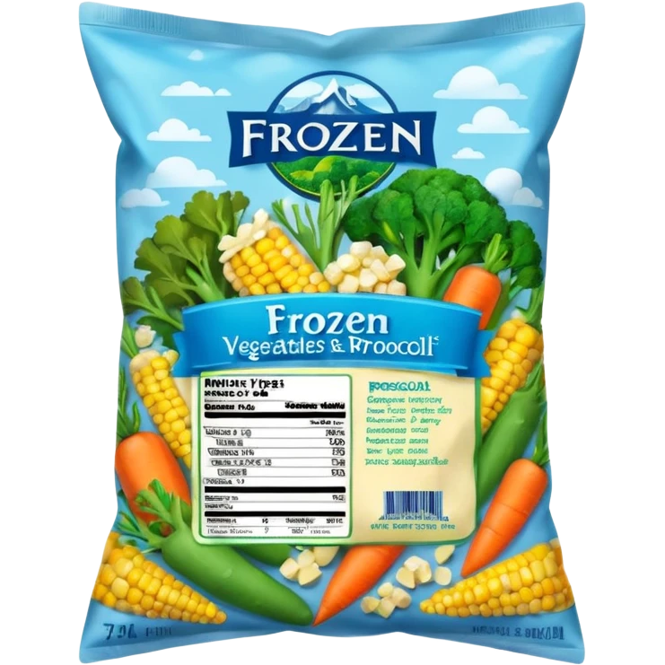 A colorful plastic bag of frozen mixed vegetables (peas, carrots, corn, and broccoli) with a bright label showing freshness and nutrition info. The bag surface has light frost and condensation. Placed in a freezer display section with other frozen food packs around it, real-life grocery store look. emoji