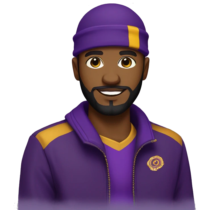 Omega psi phi man wearing a purple and gold letter man jacket a black durag in his head brown skinned black full beard and attractive  emoji