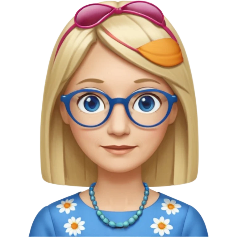 50 yr old white woman, hippie parted very long hair, short bangs, very long straight blond hair, oval face, small smile, blue eyes, thin face, hair downback, hair parted at center of head, round cheeks, pale, longer hair, business dress, long hair, big glasses emoji