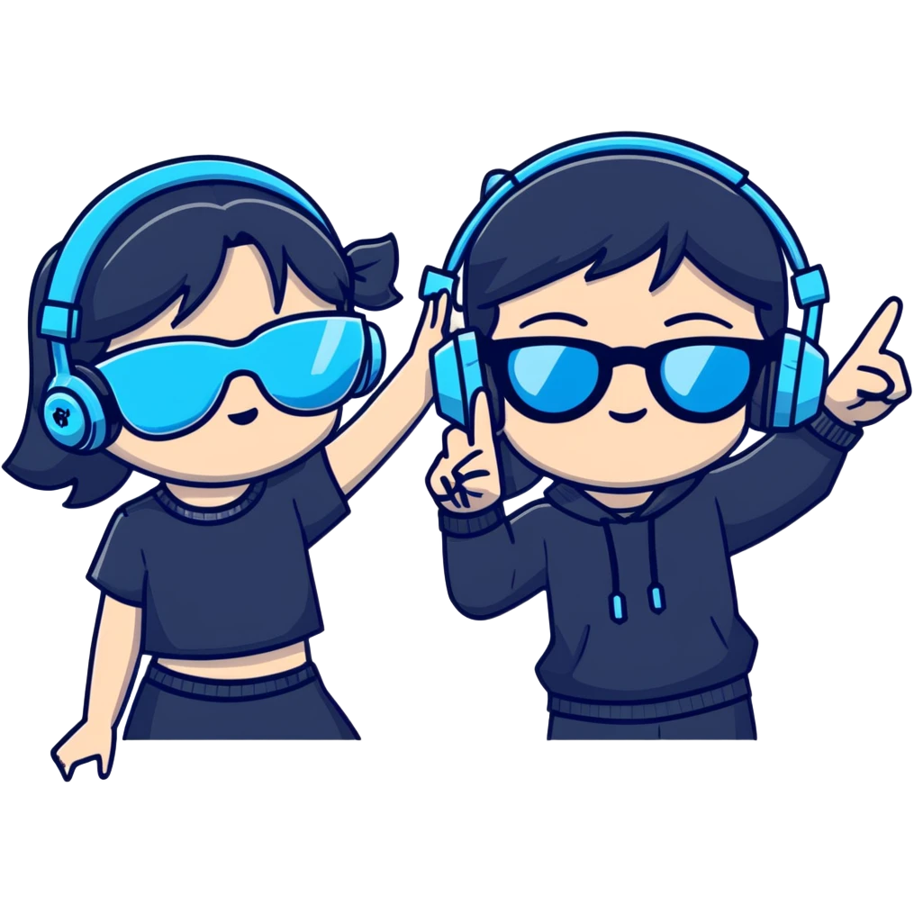 Gojo Satoru and his female protégé, both making peace signs, playful and energetic, Gojo with black shades and icy-blue eyes, protégé with long black hair, twin bows, cropped black top with cyan accents, blue headphones, sparkly background emoji