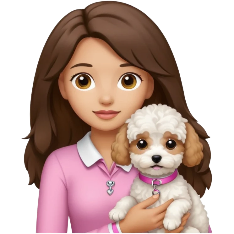Kendall Jenner style brunette with long hair holding a white Maltipoo dog with a pink collar emoji