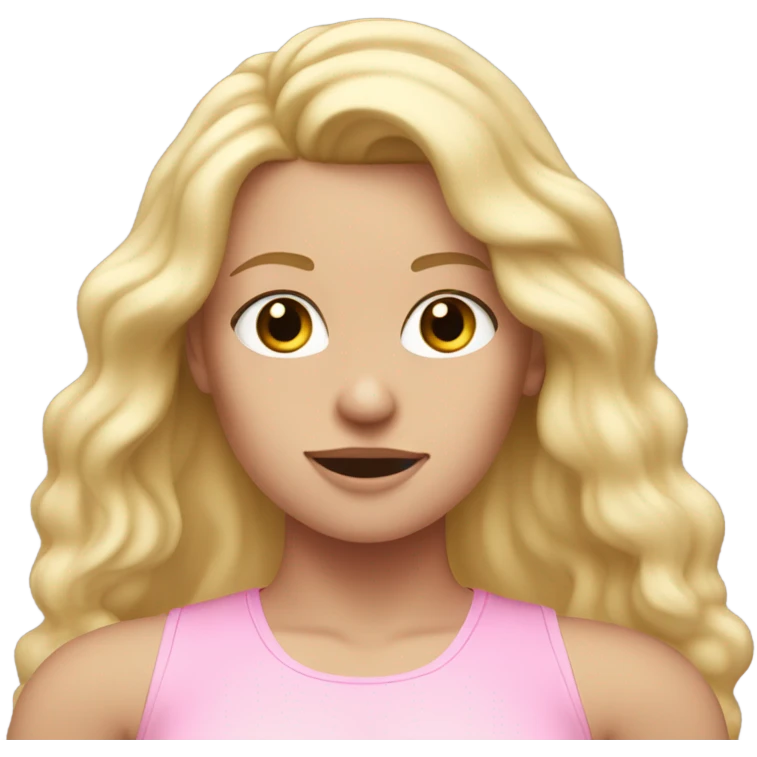 White woman, long hair, blonde hair, wavy hair, baby pink workout clothes, sweaty emoji