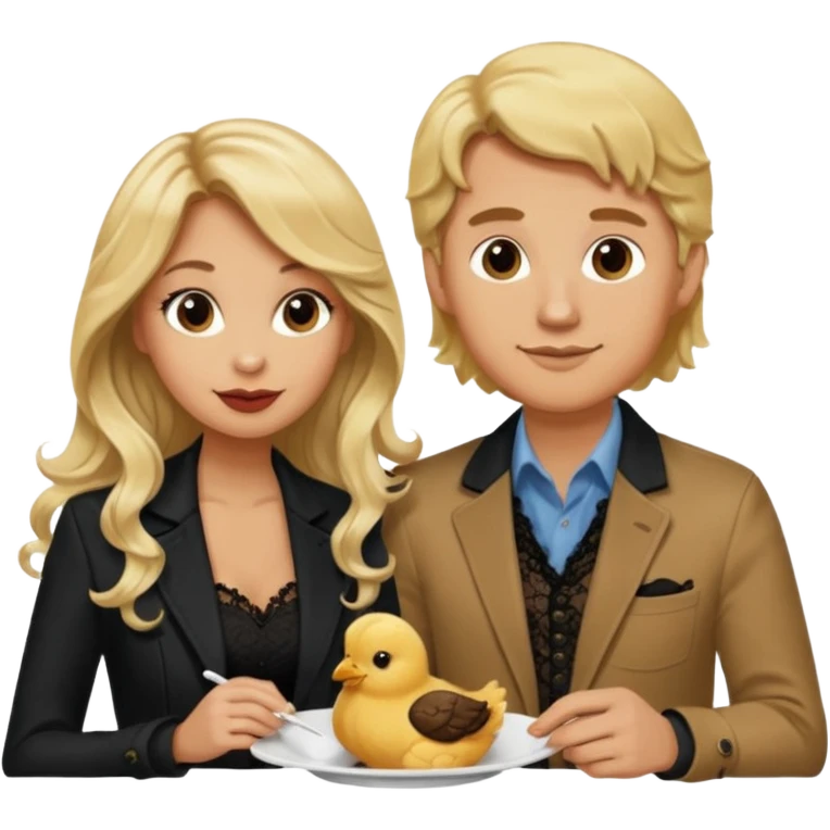 Love tan woman long wavy blonde hair and black lace  with blonde man Brown shade jacket eating chick filet  emoji