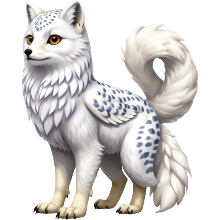 Realistic wild natural elegant pretty beautiful handsome shiny colorful furry 4-legged digitigrade beaky beaked arctic-fox-snowy-owl-snow-leopard-gryphon-griffin-albino-lion-fusion-hybrid-fursona-furry-animal-creature, full body, hyper-realism, long tufted tail emoji