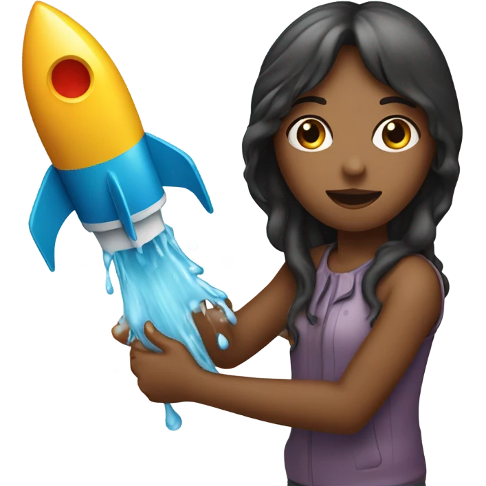 A girl holding a rocket shaped object dripping wet emoji
