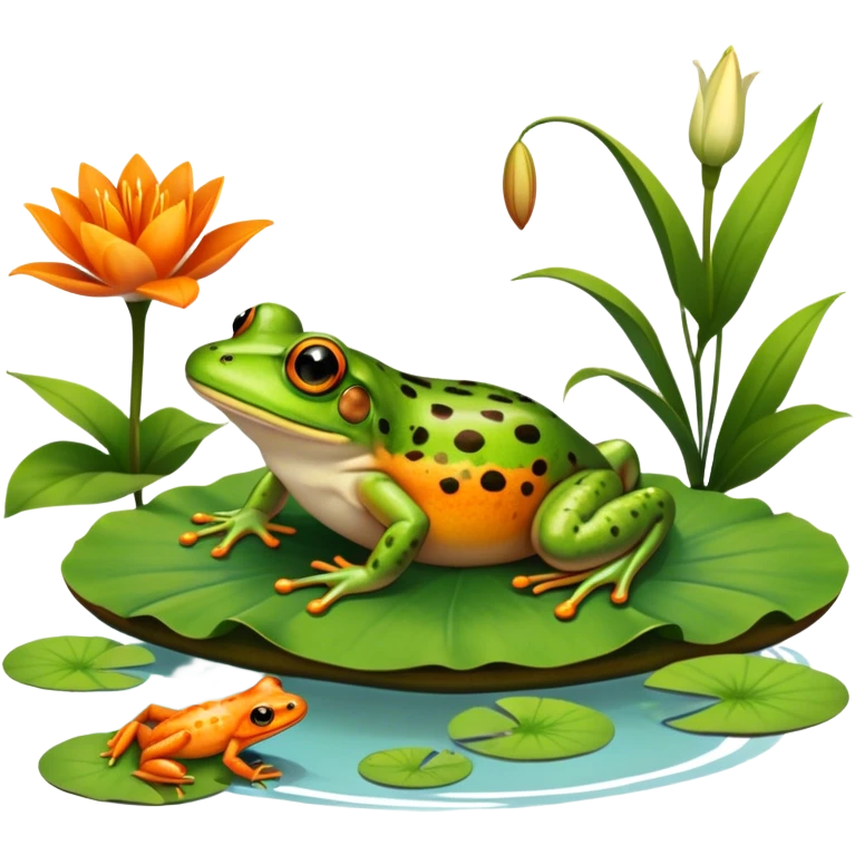 Icon for Amphibians: A colorful collage featuring a frog sitting on a lily pad, a salamander crawling on the ground, and a newt swimming in water. The background features lily flowers and a calm pond setting. Transparent background. emoji