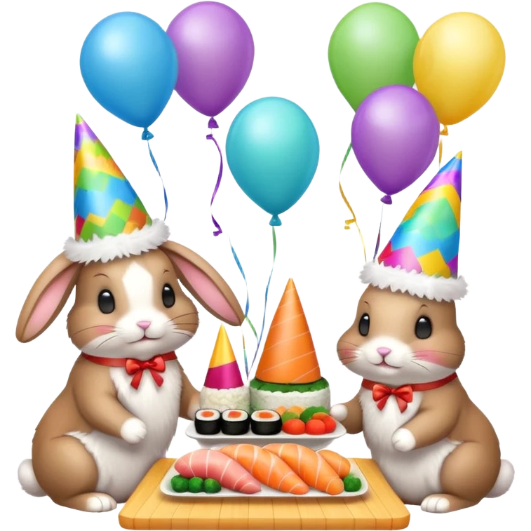 four bunnies together eating sushi at a birthday party, vibrant, balloons, streamers emoji