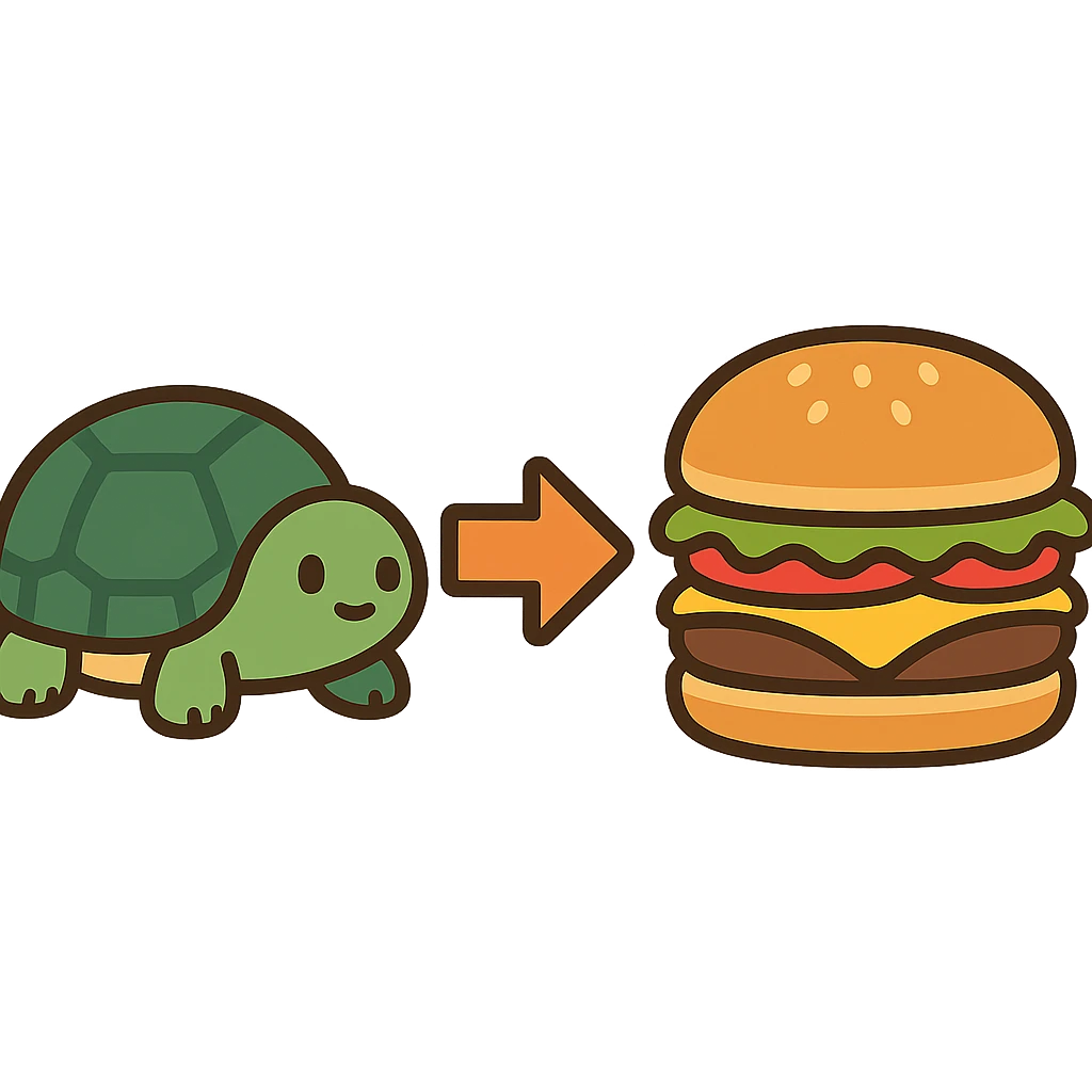 flat toon style turtle transforming into a hamburger emoji