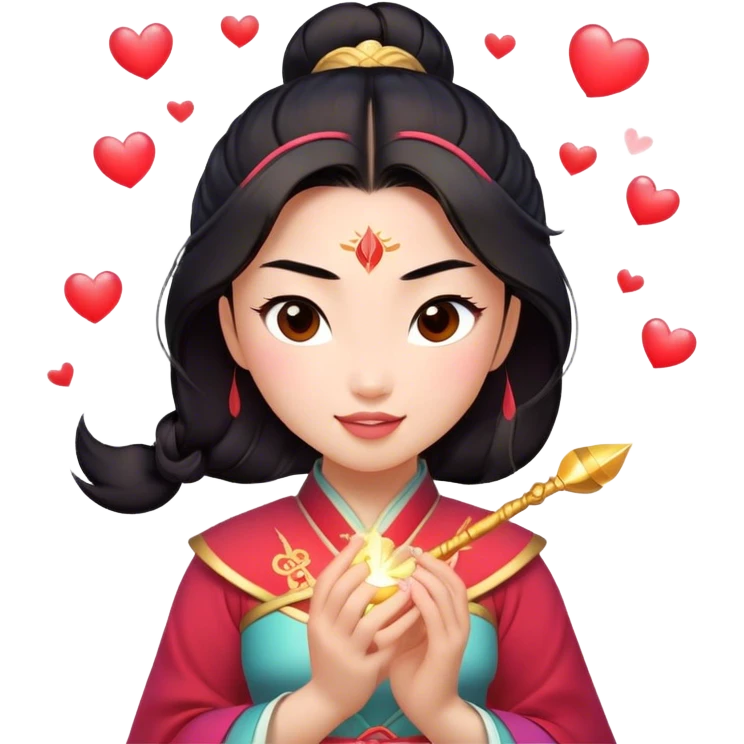 Cinematic Adorable Mulan Portrait Emoji, Playfully holding Cri-Kee in her hands, eyes sparkling with mischief, soft rosy cheeks, a warrior with a heart full of charm, radiant in the morning sunlight, glowing with warmth and joy! emoji