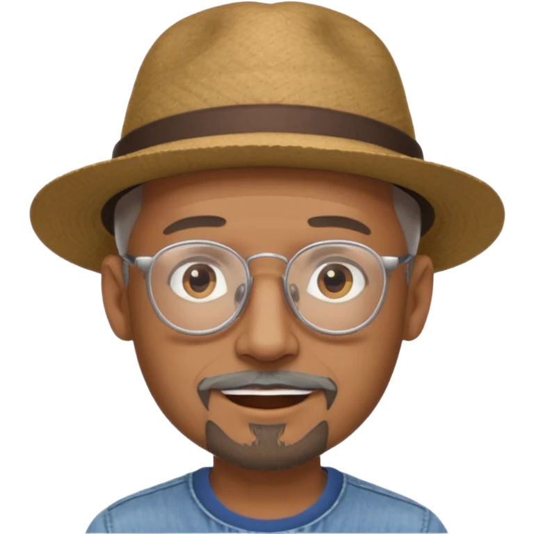 Brown man with wide rimmed hat no hair, gray goatee, clear glasses and slightly smiling emoji
