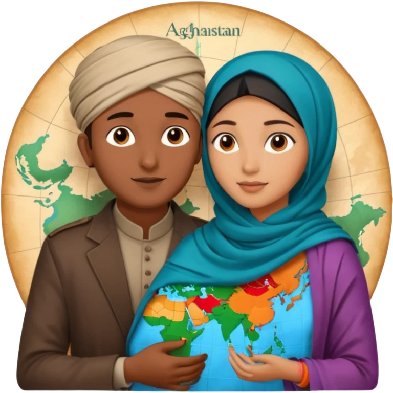 An emotional artistic illustration of an Indian man and an Afghan hijabi girl standing on the maps of India and Afghanistan, symbolically embracing despite the distance, showing love beyond borders. emoji