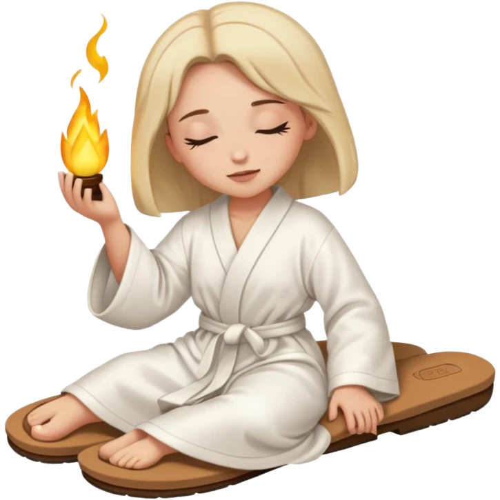 Girl with white robe on and brown slippers with eyes closed relaxed  emoji
