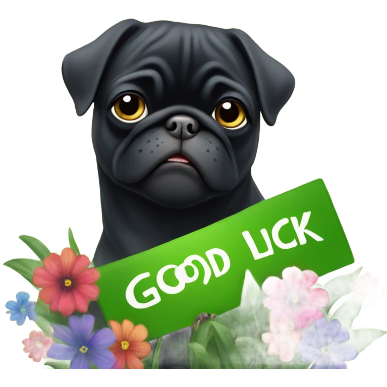 Black pug , surrounded by flowers, holding a green sign that says “good luck”  emoji