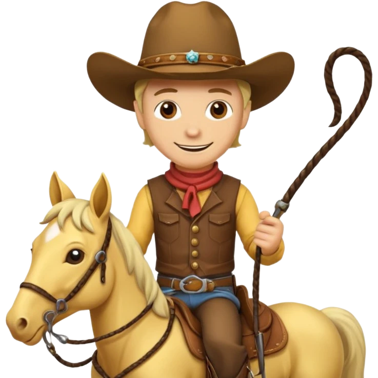 Cowboy riding a horse with whip. With yellow skin and smilling  emoji