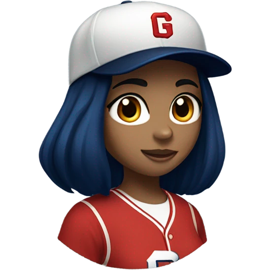 Black long hair girl wearing navy ballcap emblazoned with a red G initial and wearing baseball uniform emoji
