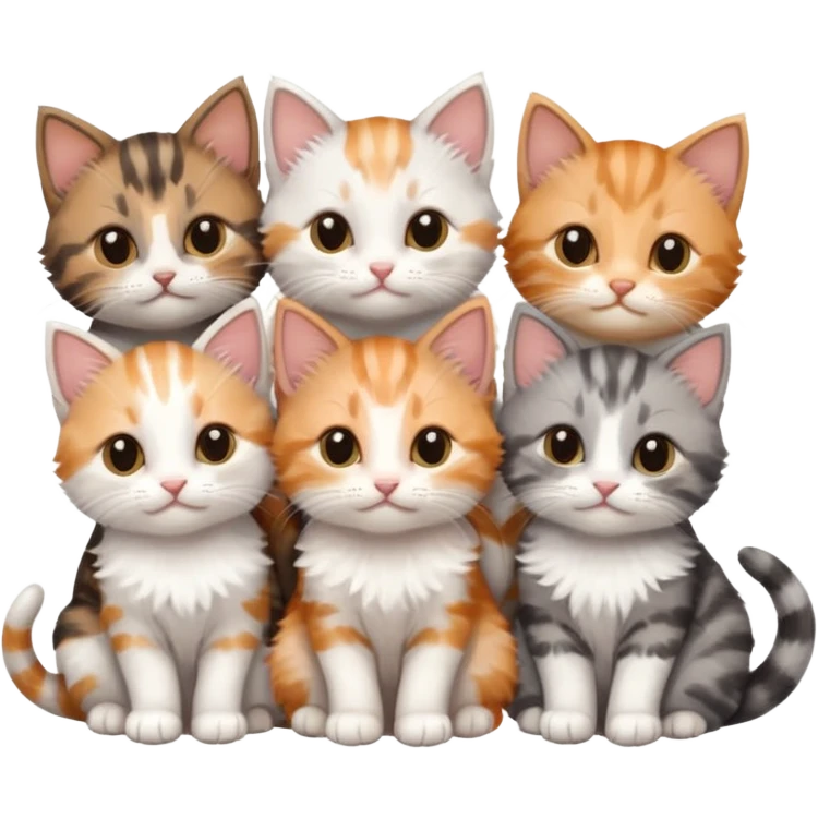 6 tiny kittens cuddling together all various different natural colours including grey and white, ginger and white, calico, grey, and brown tabby and white emoji