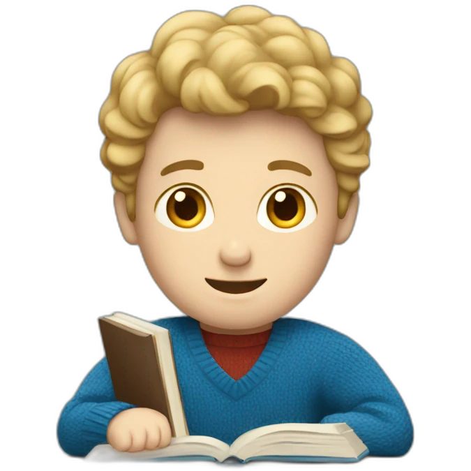 Man with fair skin in blue sweater studying emoji