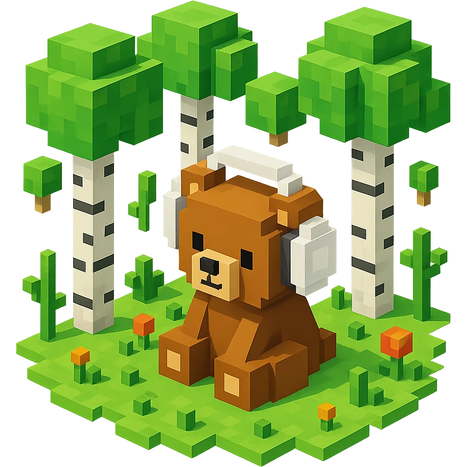 березовый лес, в котором сидит бурый медвежонок в белых наушниках (наушники должны закрывать уши медведя), no background  emoji