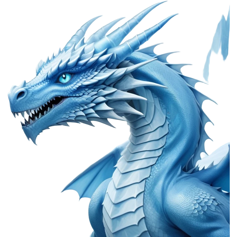 Cinematic Noble wise elegant Ice Dragon Portrait Emoji, Poised and imposing, distinct long elegant snout, with a slender, scaled body shimmering in glacial hues of icy blue, frostbitten silver, and crystalline white, breathing out frost, with piercing, glowing ice blue white eyes that radiate the chilling depths of an arctic storm; rendered in detail. Breathing out a frost mist emoji