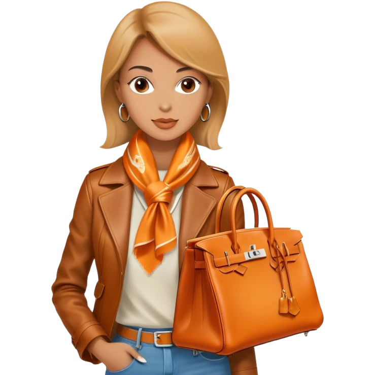 Elegant and tan woman wearing a leather Hermes jacket and a silk scarf around her neck. She has an orange Hermes Birkin Bag. I want the image to be close up, starting from the waist up.  emoji