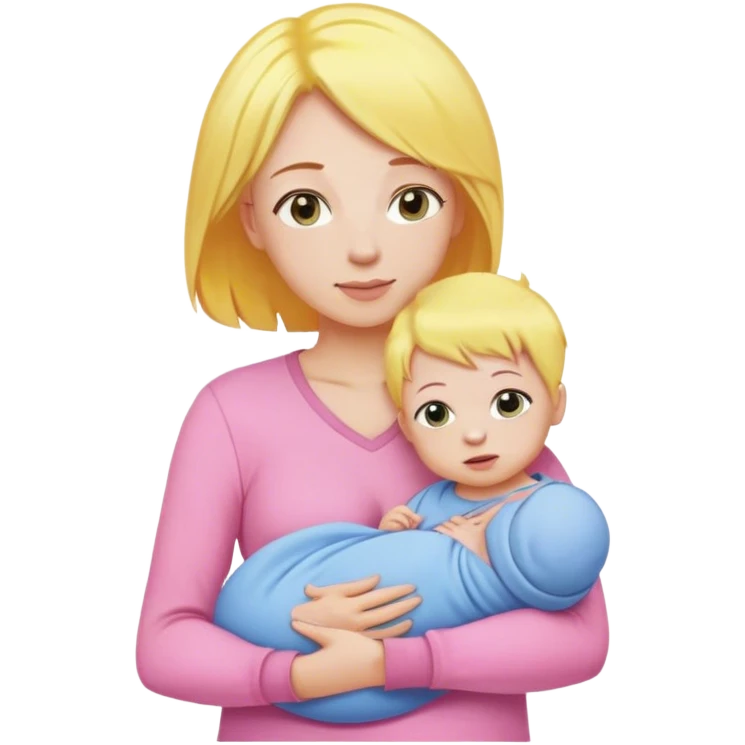Mother with yellow hair and pink clothes, holding baby in blue clothes emoji