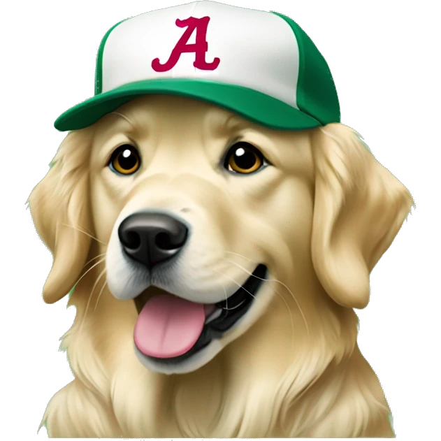 english cream golden retriever wearing alabama baseball cap green background emoji