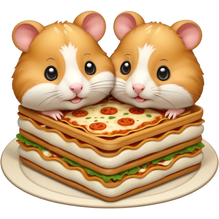 cartoon-style hamster sharing lasagna with other cartoon-style hamsters emoji