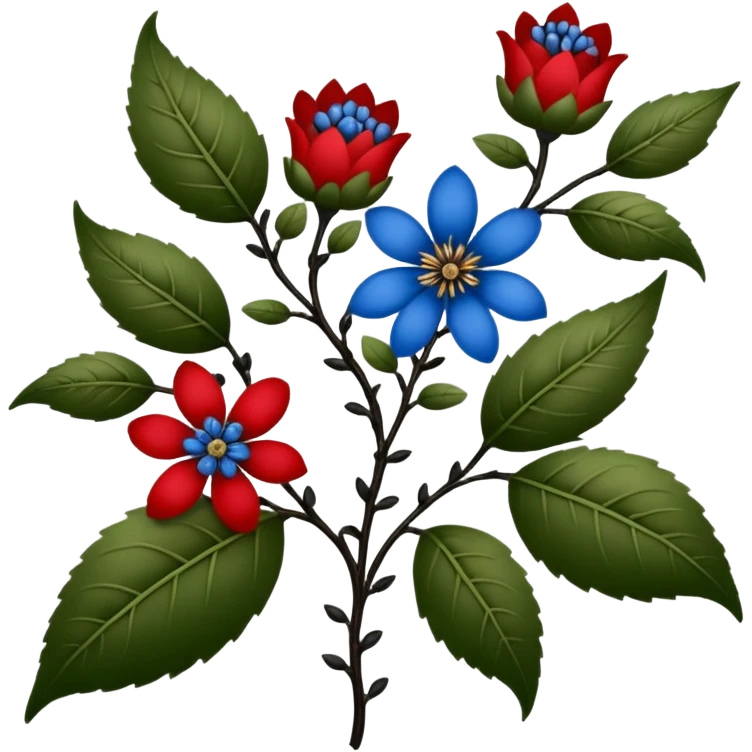 dull green leaves & red & blue flowers filigree design, small fruits, ebony branches, extremely detailed, complex design emoji