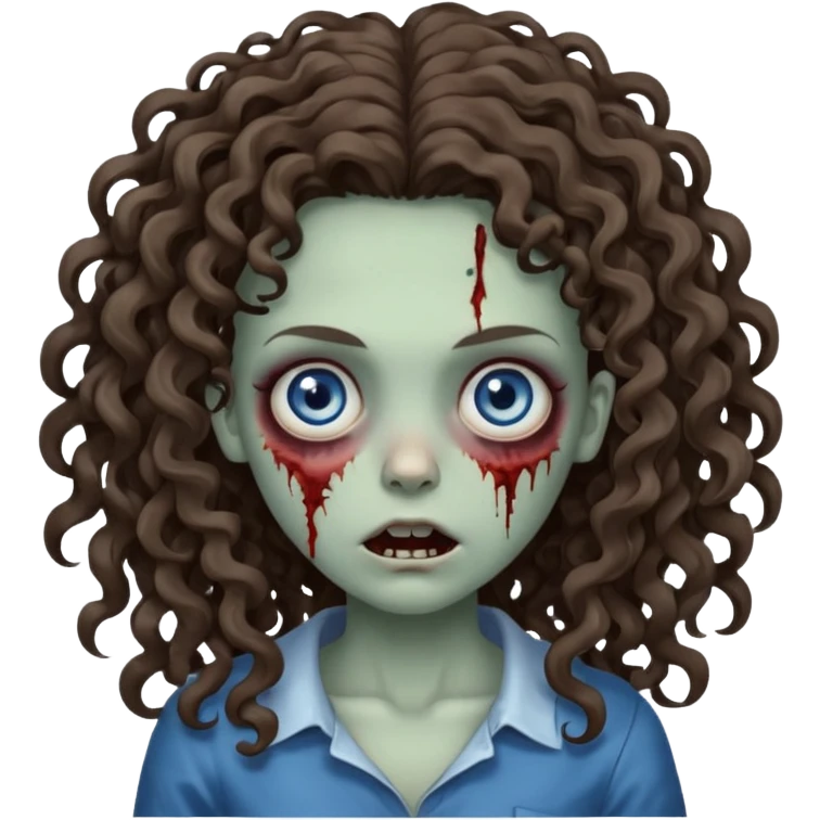 a zombie girl, her hair is curly and brunette but it is long hair and her curls are more open, the color eyes is blue mix grey emoji