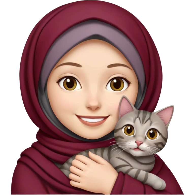 White girl wearing maroon hijab holding a black grey tabby cat while smiling emoji