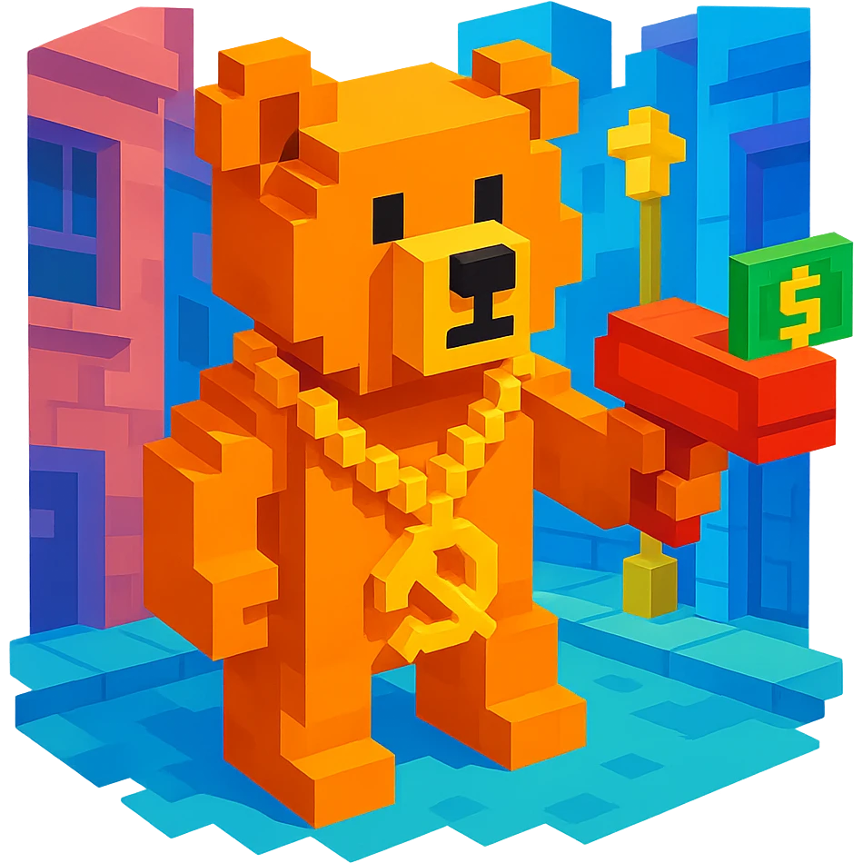 Russian grizzly bear with a rapper chain and a money gun, standing in a city alley emoji
