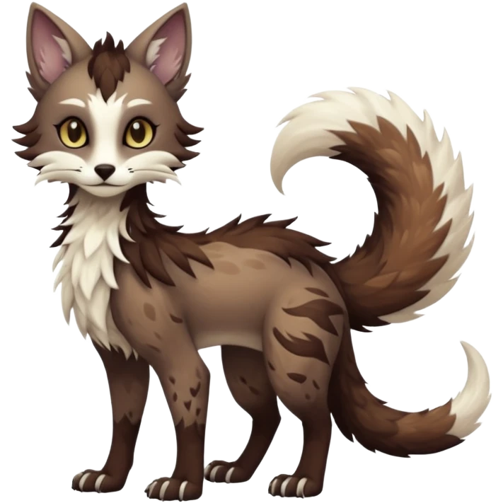 Kawaii dark edgy brown beige white fantasy ethereal feline-vernid-sergal-rocruff-fursona animal creature with a tufted tail full body with intricate markings  emoji