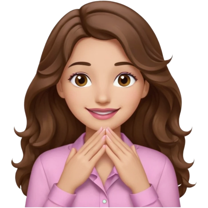 girl with wavy long brown hair, brown eyes, light to medium complexion, long lashes, light pink lipstick, wearing light pink shirt, smiling, hands covering over the eyes emoji