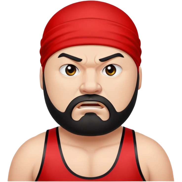 White skin fat guy with prominent black durag, short black beard, black eyes in a red and black wrestling singlet with angry face emoji