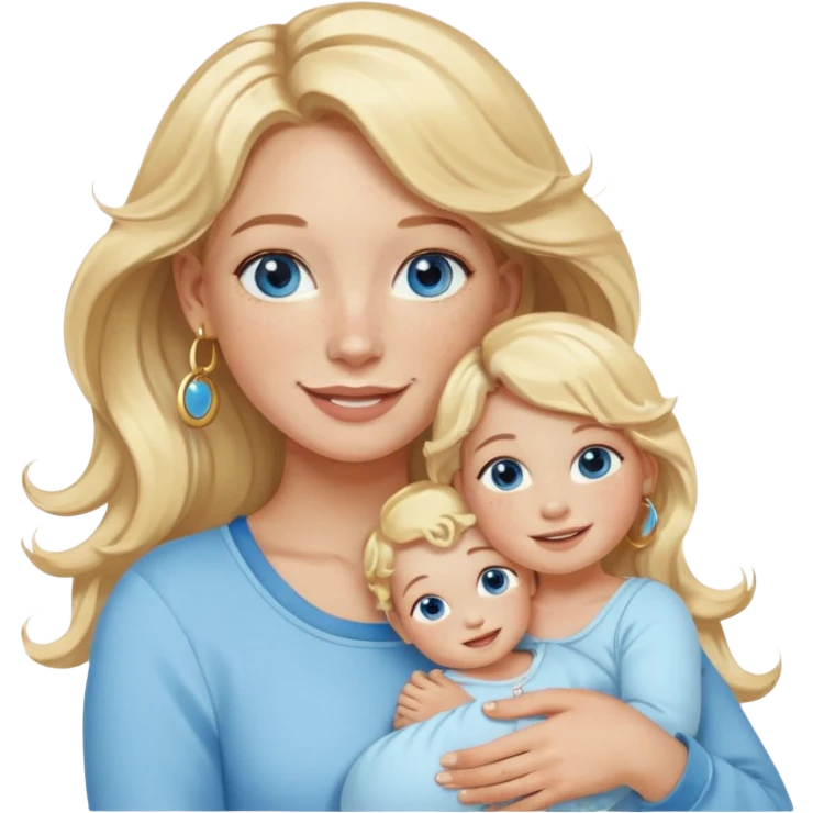 Wavy blonde, white woman with blue eyes, freckles hoop earrings, holding babies smiling and really cute in gold hoops emoji