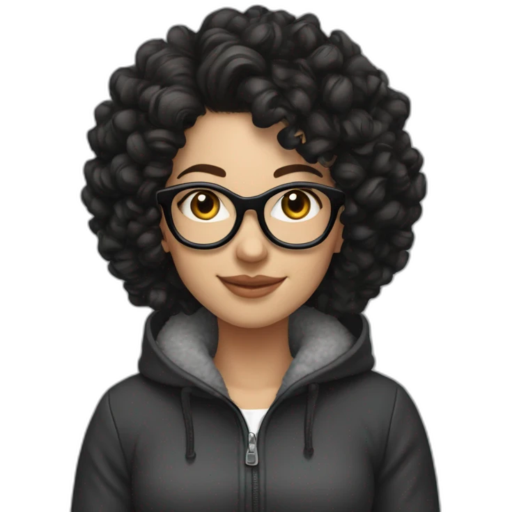white Girl with black curly hair, ear piercings and smile,fleece jacket and glasses on her head emoji