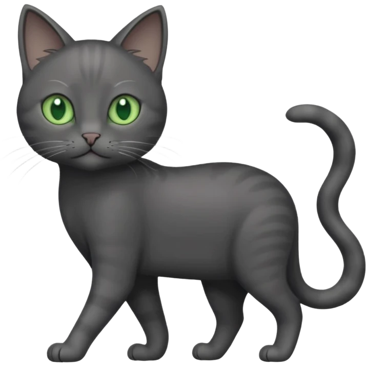 full body solid dark grey cat with green eyes, white paws and white whiskers walking emoji