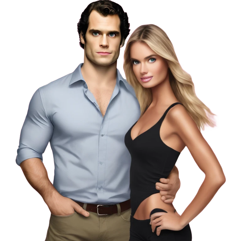 realistic photo of Henry Cavill close under a beautiful  victoria secret model  emoji