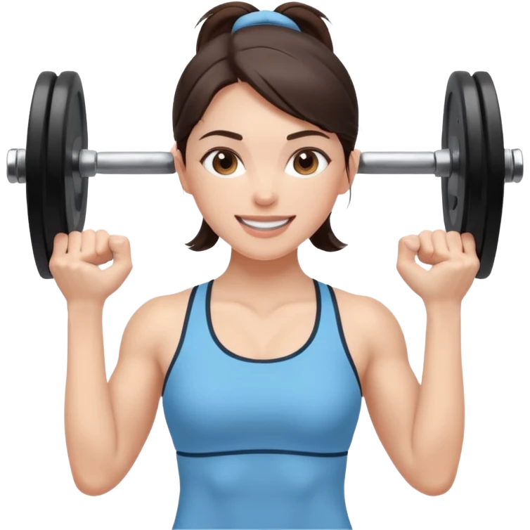 brunette female athlete in light blue, lifting weights, cheerful, plain background emoji