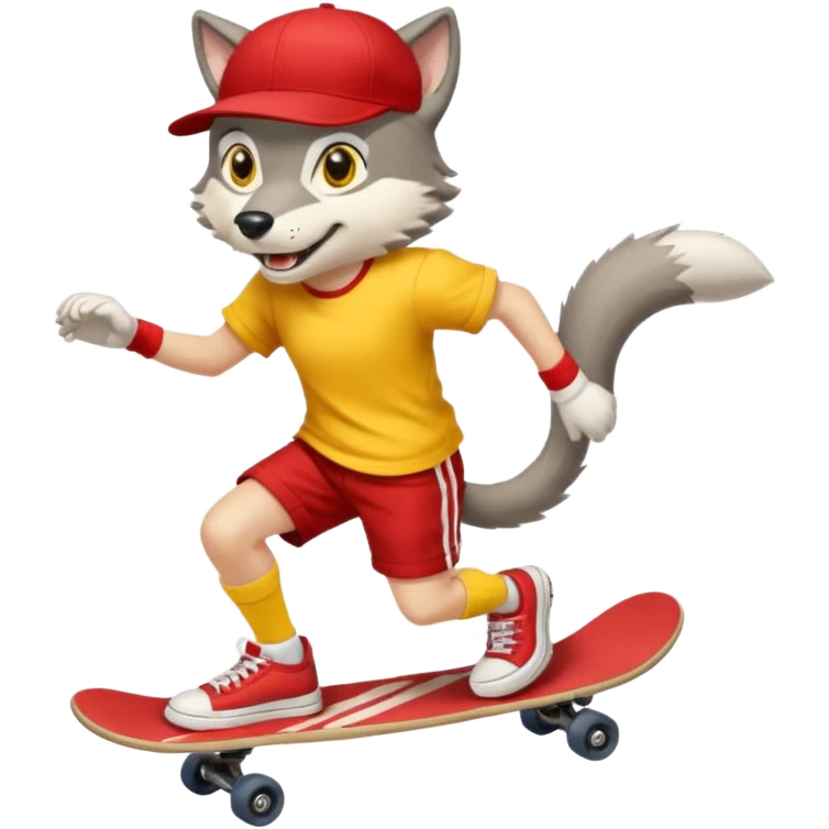 A gray wolf with large, expressive eyes and a friendly smile. The gray wolf is wearing a bright yellow T-shirt, red shorts, white knee socks, and sneakers. The baseball cap is on backwards. The wolf is preparing to perform a skateboarding trick. emoji