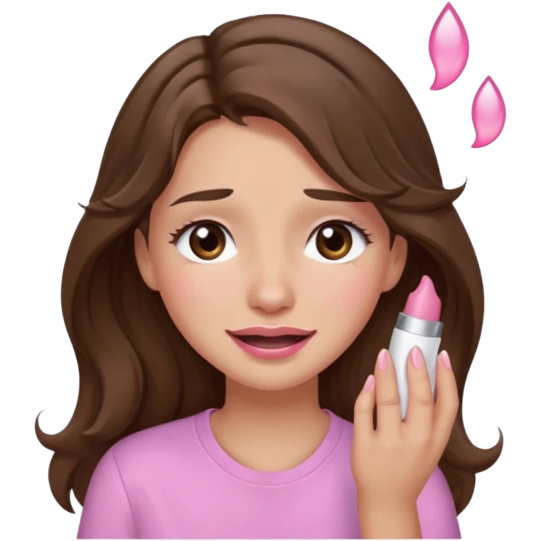 girl with wavy long brown hair, brown eyes, light to medium complexion, long lashes, light pink lipstick, wearing light pink shirt, smiling, crying with big pink tears emoji
