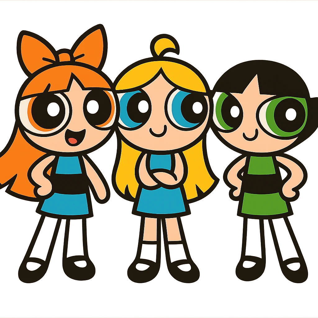three cartoon girls with big eyes, inspired by the Powerpuff Girls, cute and colorful style emoji