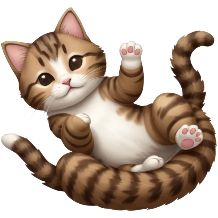 dark brown tabby and white kitten with his eyes closed whilst in funny positions stretched out and  upside down emoji