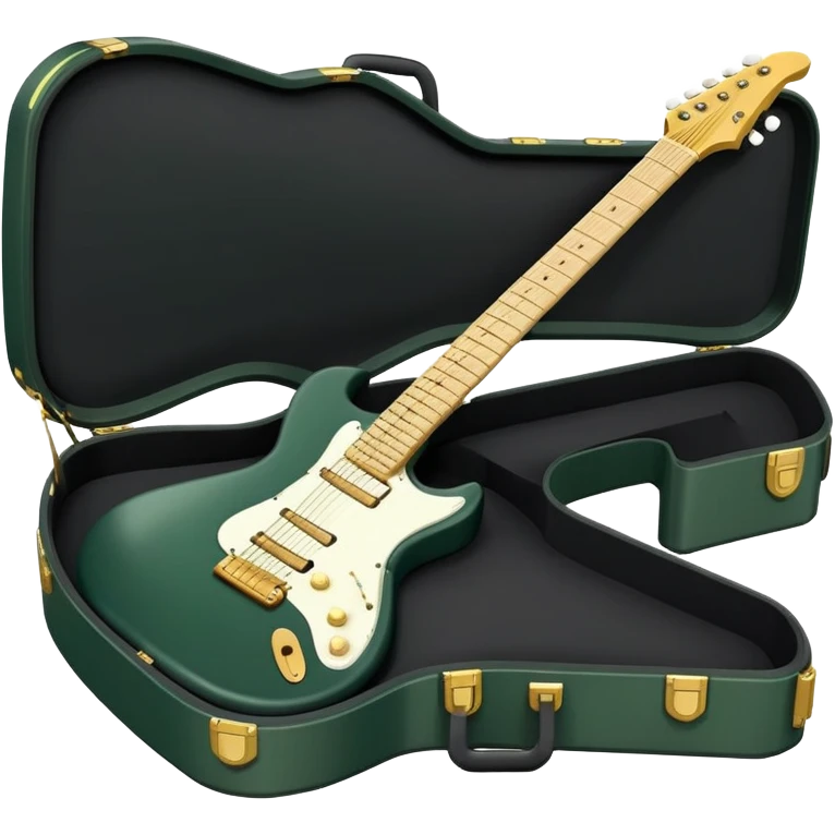 minimalist electric guitar in dark green, closed inside a black rectangular hard case with gold latches, soft matte textures, simplified details, ready-to-play symbol emoji