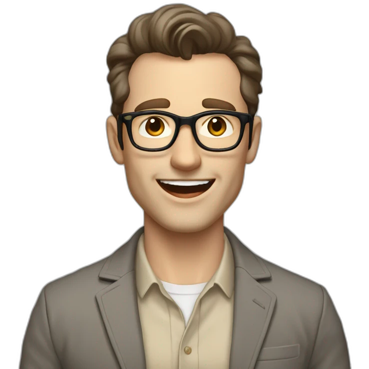 Joyful Pale skinned Fit Man With dark brown hair in gray jacket, beige office shirt, Brown pants and vintage glasses. His thrumbs up emoji
