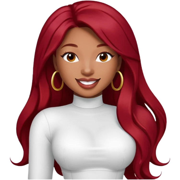 Megan Thee Stallion with long dark red hair, white outfit emoji